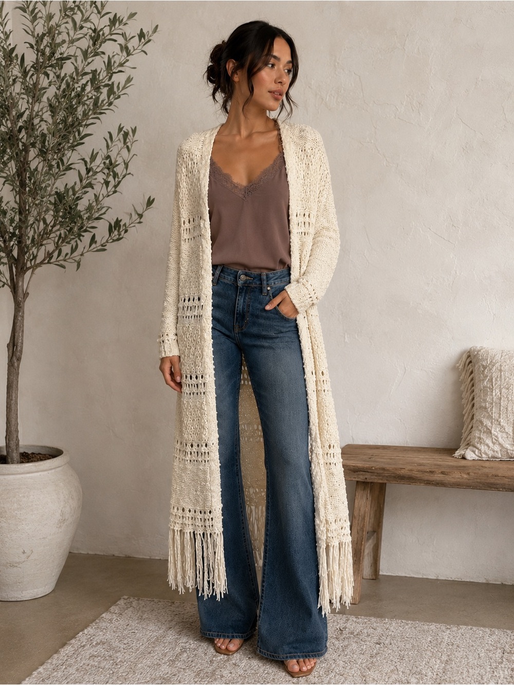 Sun & Shadow Cream Crochet Open-Knit Fringe Duster Cardigan 100% Cotton